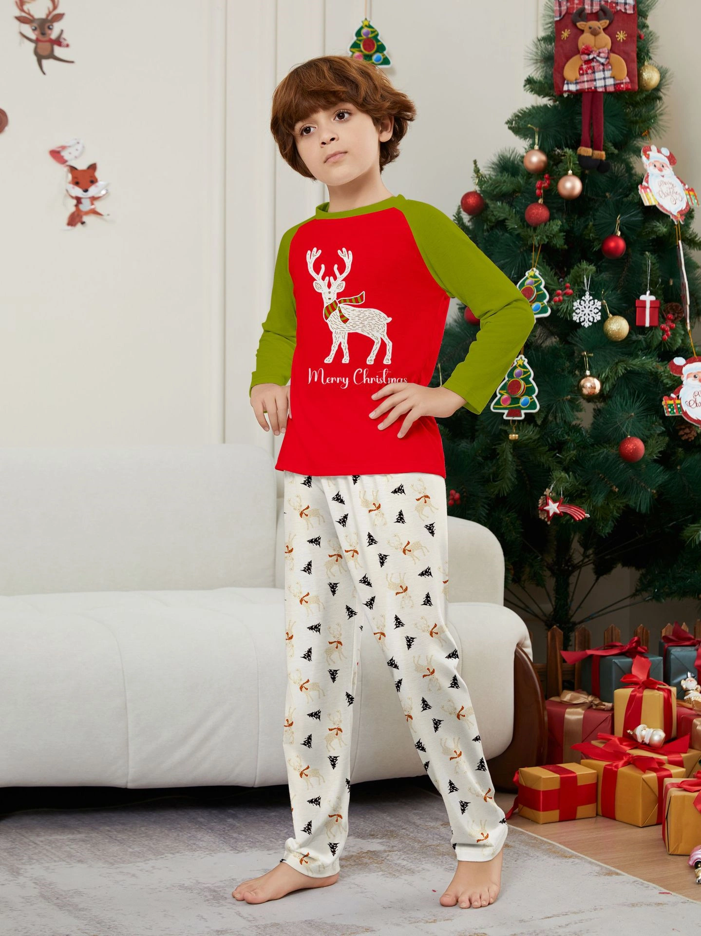 Christmas Family Pajamas White Deer Patchwork Trendy Print Pajamas Set
