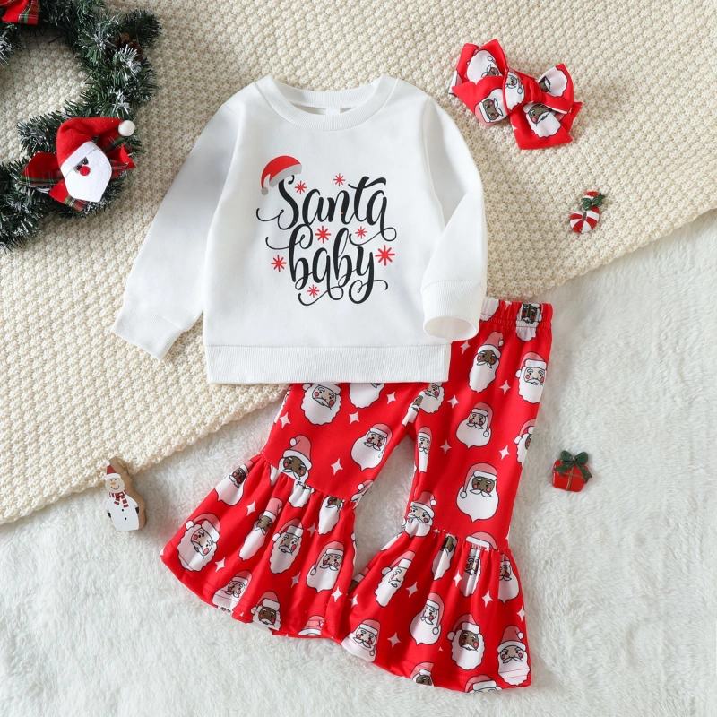 Baby Girl Christmas Santa Claus Print Flared Sweatshirt 3-Piece Set