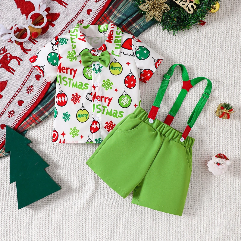 Little Maven Baby/Toddler Boy 2pcs Christmas Print Short Sleeve Shirt Overalls Set