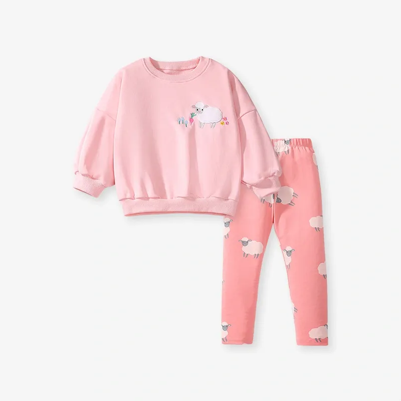 Little Maven Toddler/Kid Girl 2pcs Lamb Embroidered Tee And Lamb Print Trousers Set