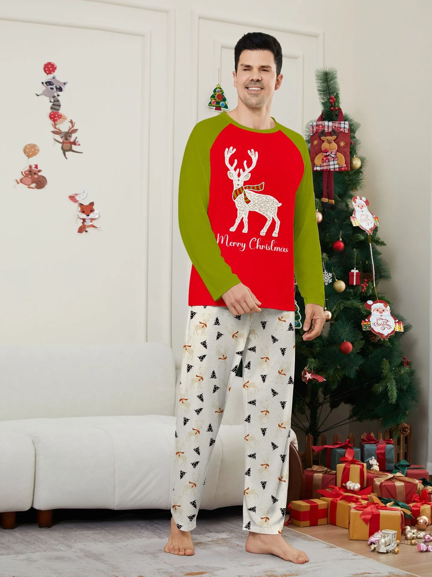 Christmas Family Pajamas White Deer Patchwork Trendy Print Pajamas Set