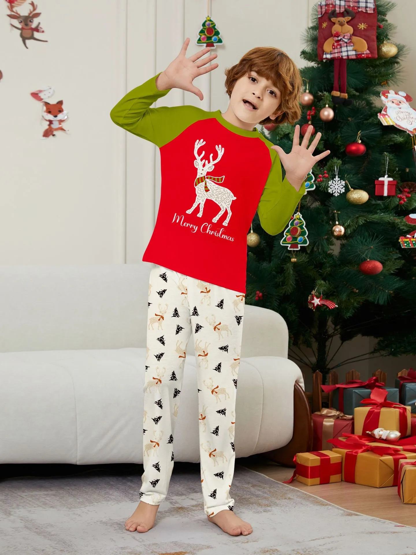 Christmas Family Pajamas White Deer Patchwork Trendy Print Pajamas Set