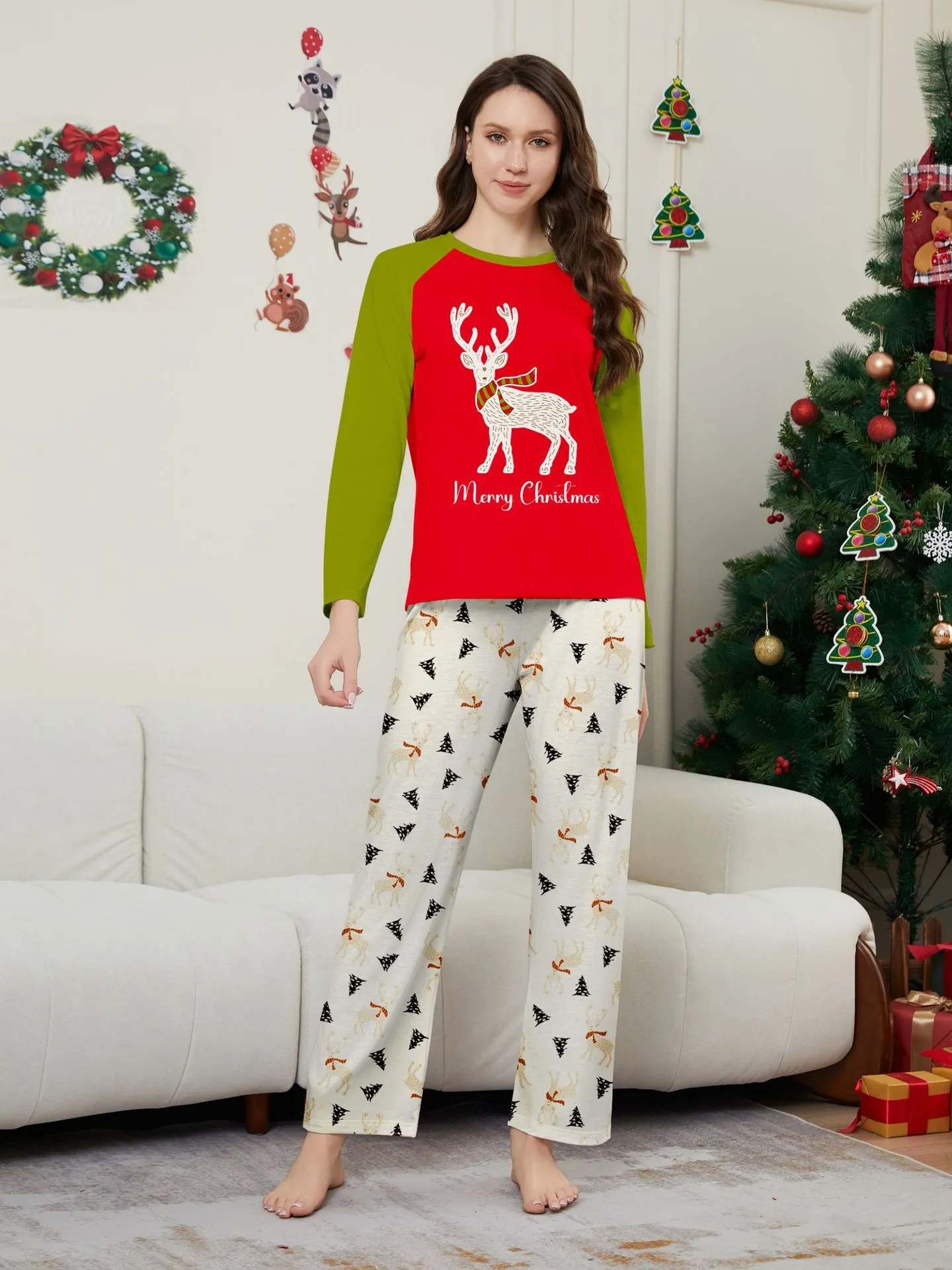 Christmas Family Pajamas White Deer Patchwork Trendy Print Pajamas Set