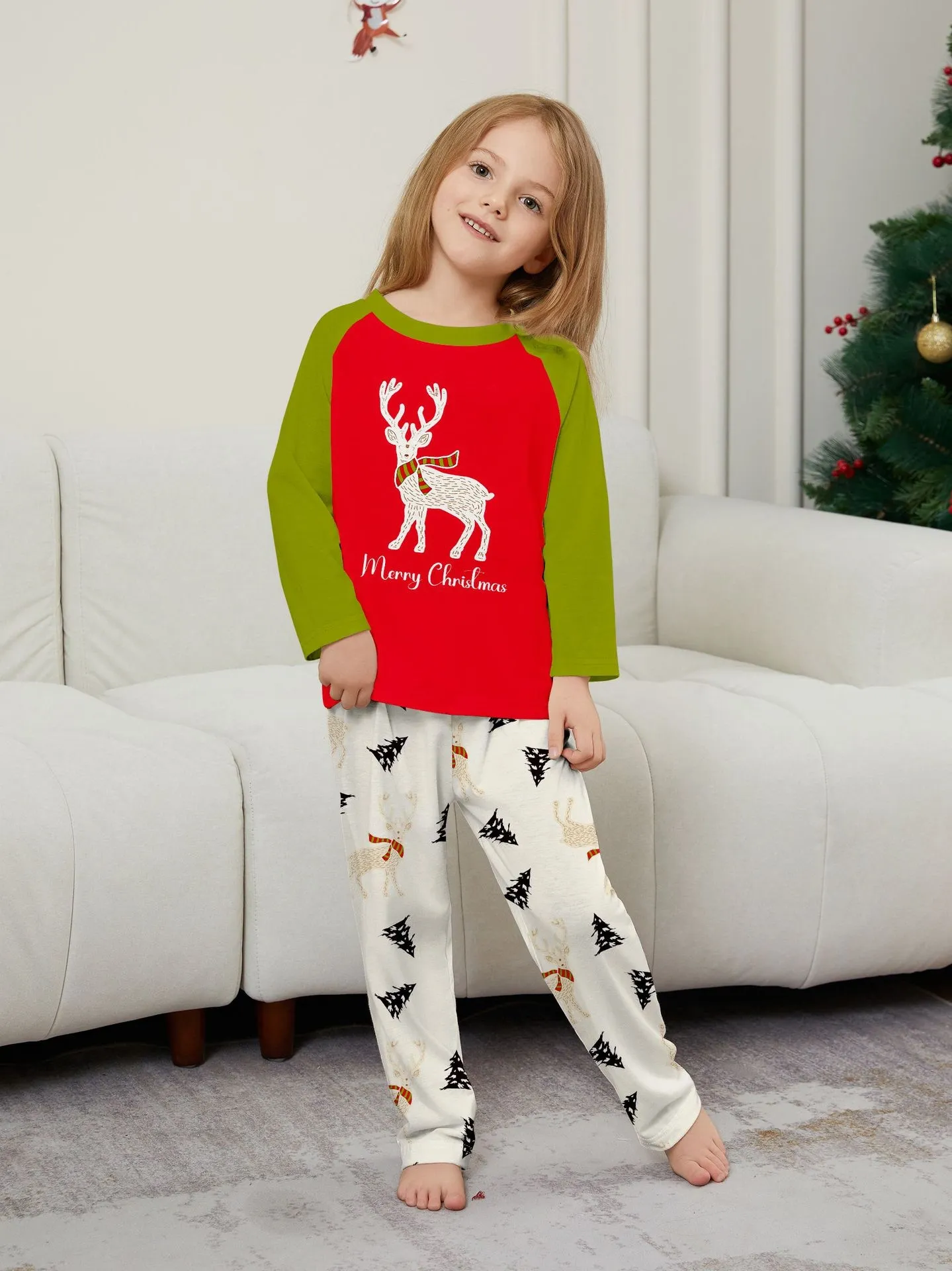 Christmas Family Pajamas White Deer Patchwork Trendy Print Pajamas Set