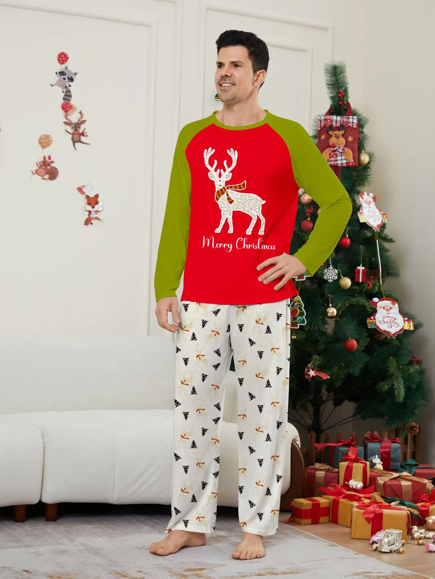 Christmas Family Pajamas White Deer Patchwork Trendy Print Pajamas Set