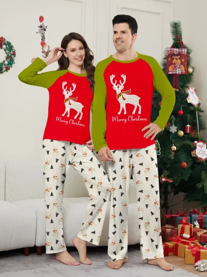 Christmas Family Pajamas White Deer Patchwork Trendy Print Pajamas Set