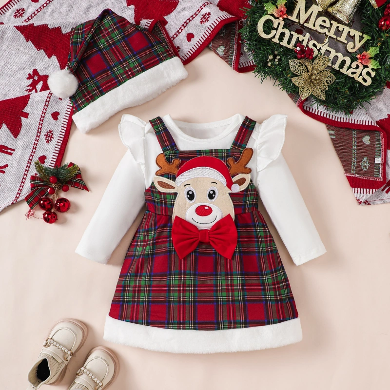 3pcs Baby Girl Christmas Long-sleeved romper plaid suspender dress and headband