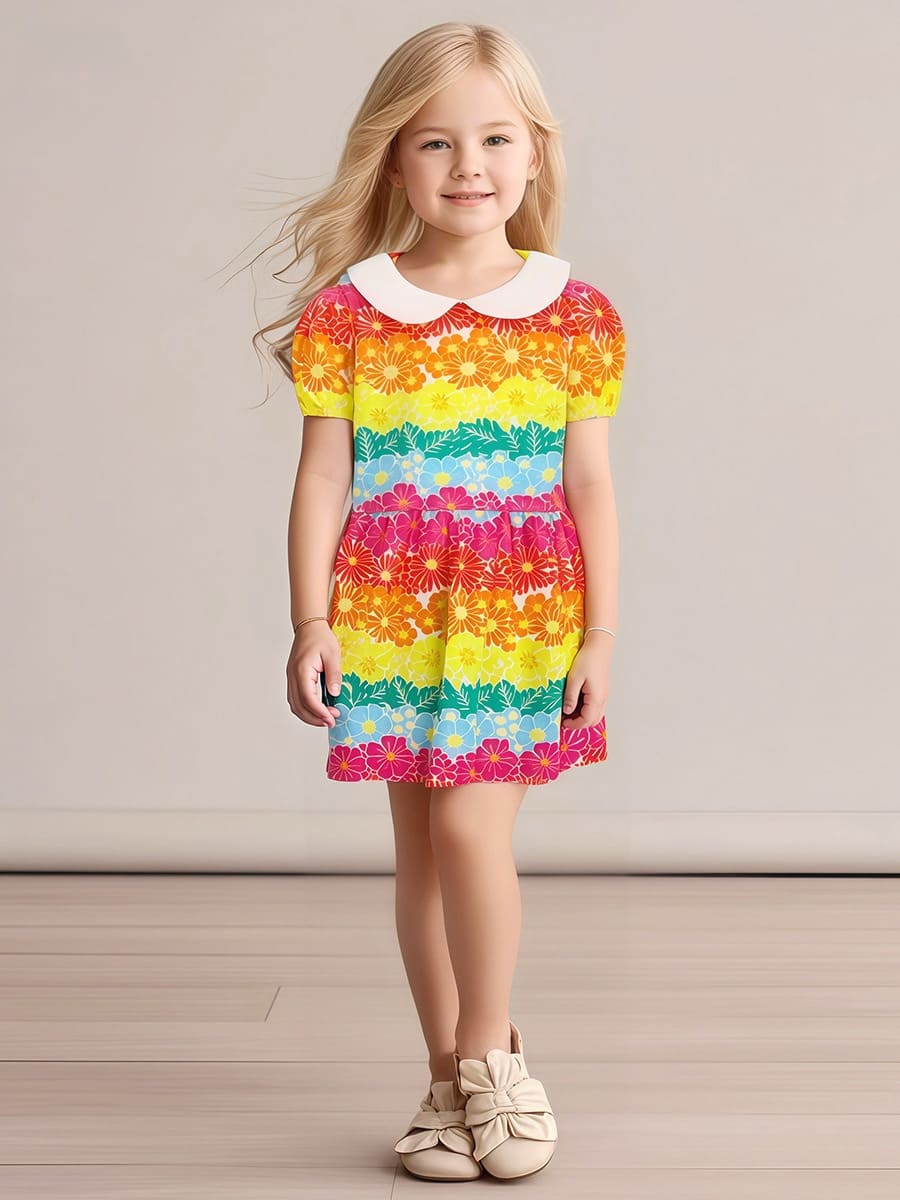 Little Maven Organic Cotton Girls Short Sleeve Princess Dress with Floral Pattern