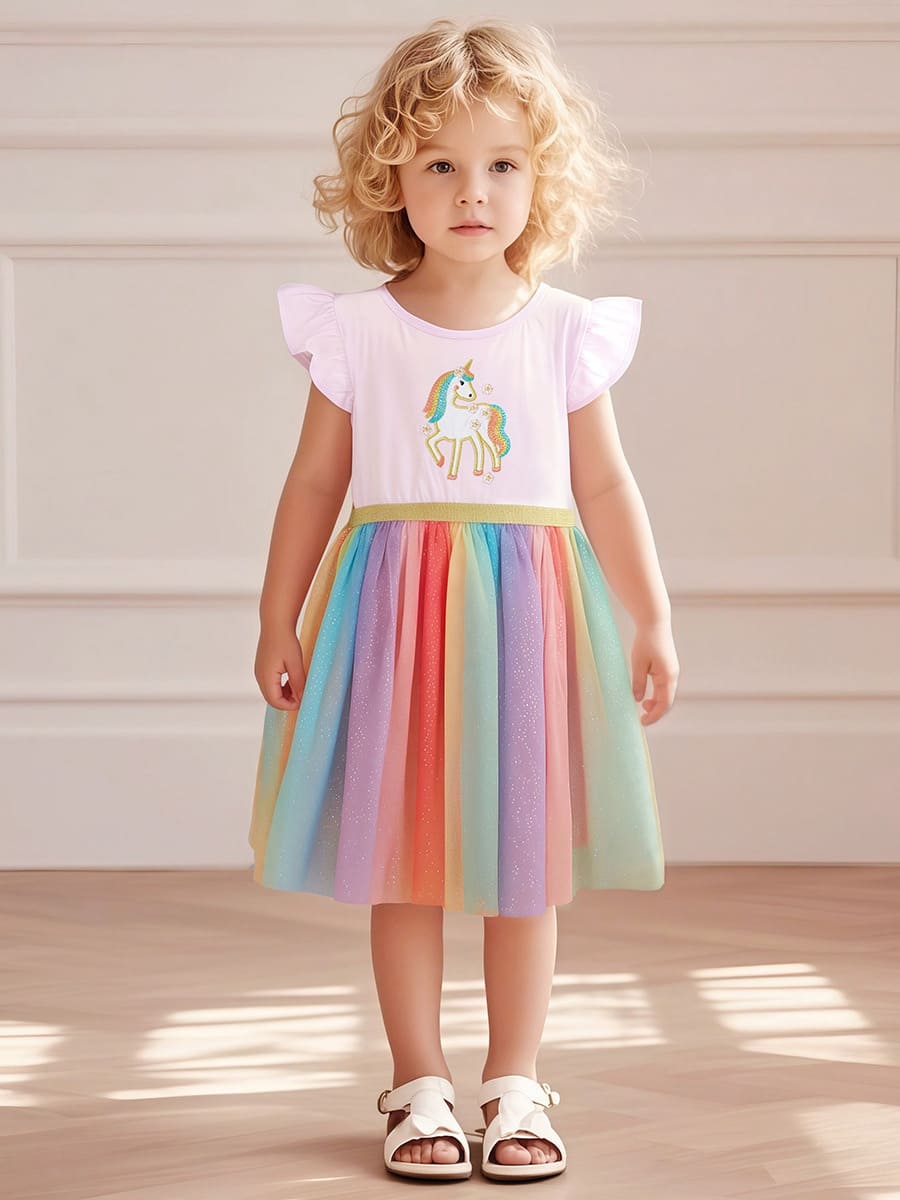 Girl wearing organic cotton unicorn dress 