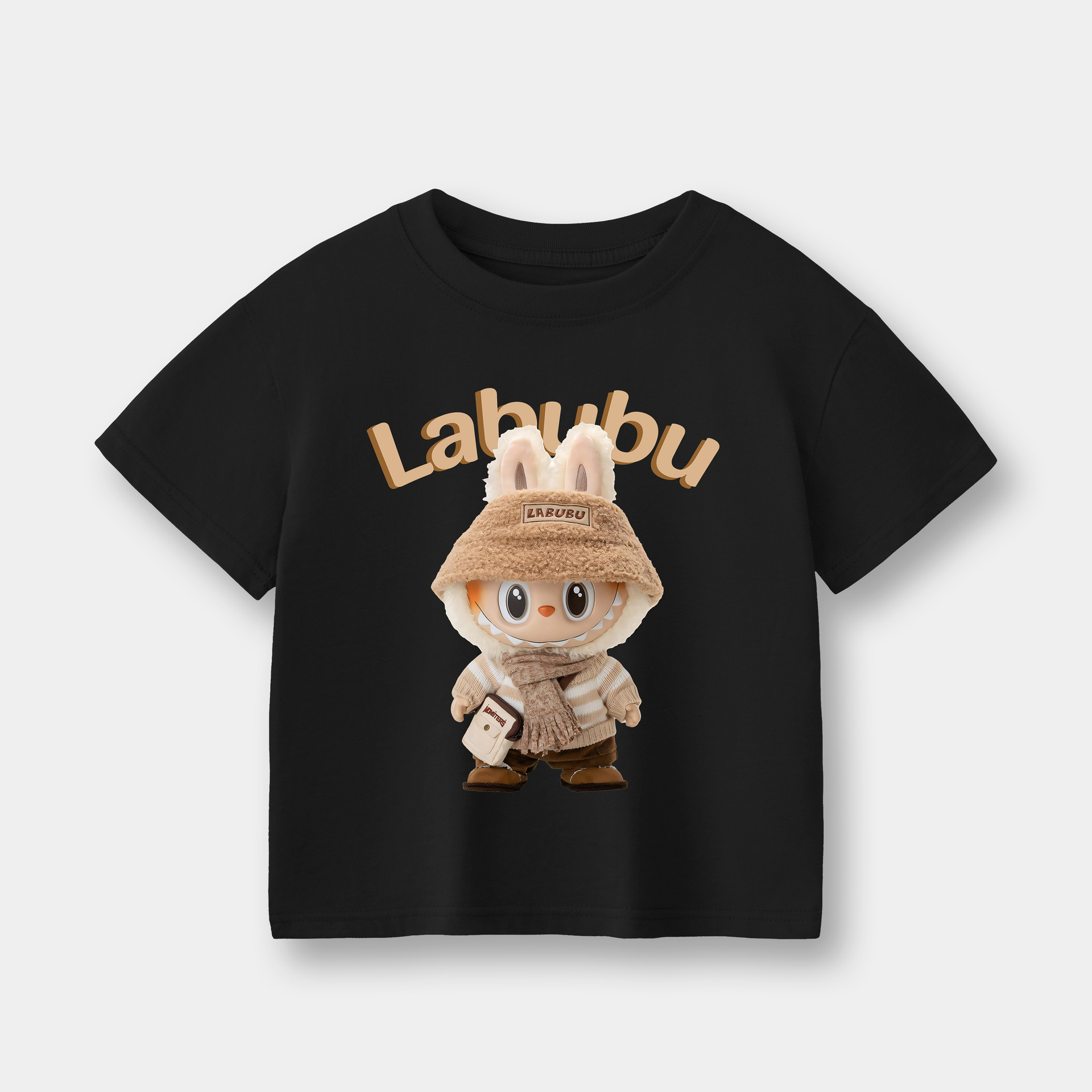 Scarf Labubu Kids Cotton Short Sleeve T-Shirt (Black)