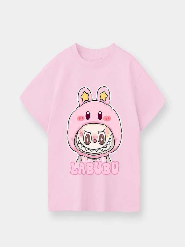 Star Labubu Girls Cotton Short Sleeve Tee Pink