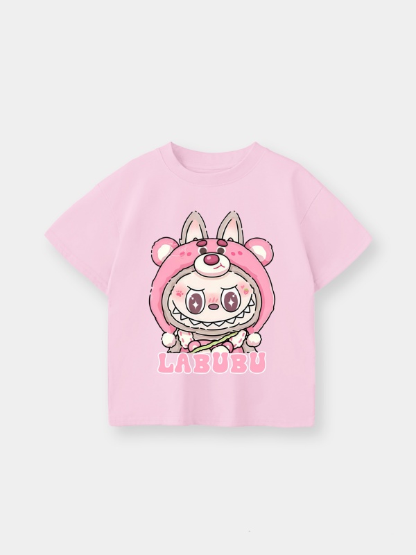 Strawberry Labubu Girls Cotton Short Sleeve Tee Pink