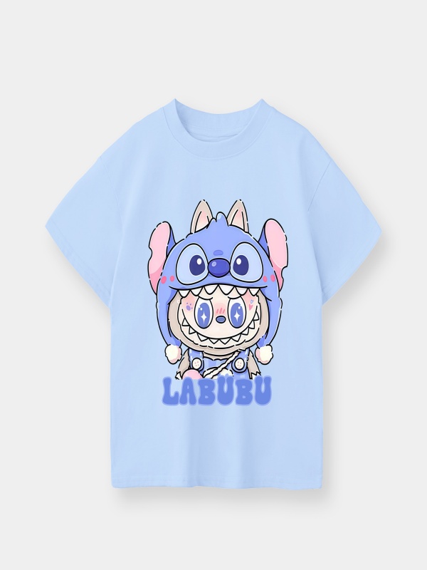 Stylish Labubu Boys and Girls Cotton Short-sleeved Tee Sky Blue