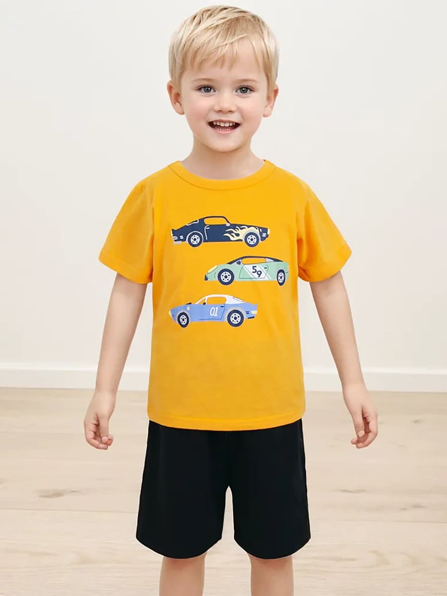 Toddler Boys Cartoon Car Printed Cotton Machine Washable Tee