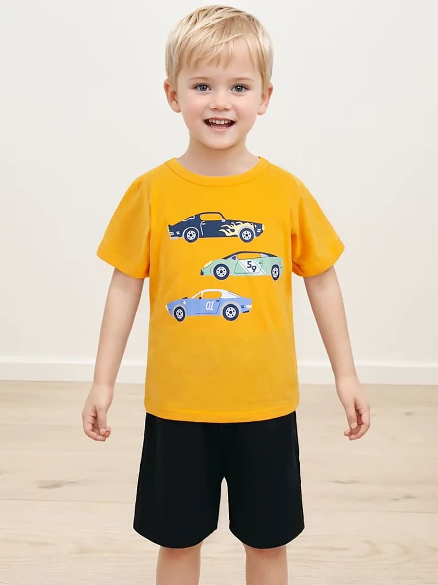 Toddler Boys Cartoon Car Printed Cotton Machine Washable Tee
