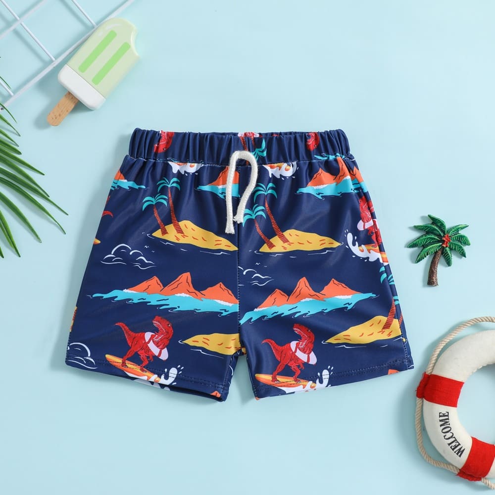 Toddler Boys Cartoon Dinosaur Print Boxer Swim Shorts - Quick-Dry