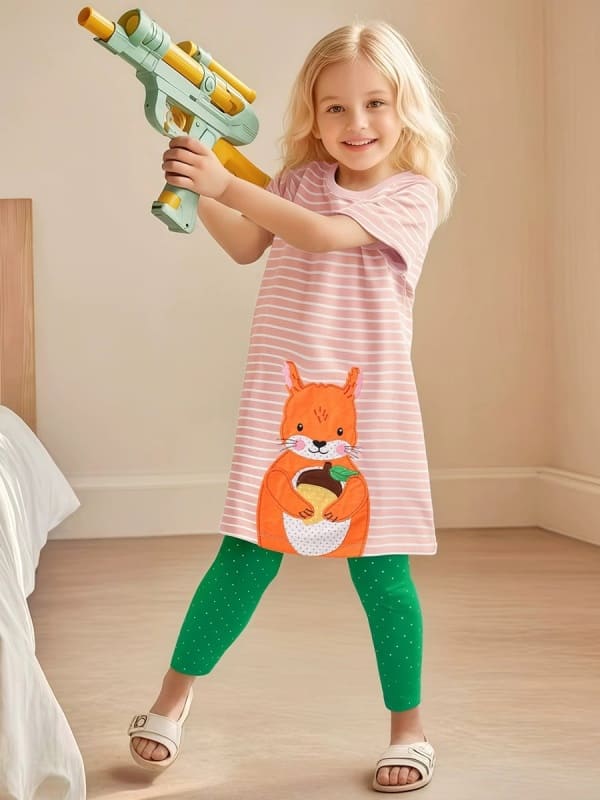 Toddler Girls 2-Piece Cute Beaver Embroidery Cotton Tee & Leggings Set