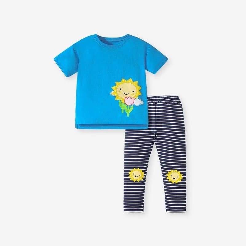 Toddler Girls 2pcs Sunflower Cotton Dress and Striped Pants Set