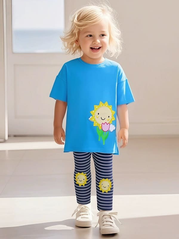 Toddler Girls 2pcs Sunflower Cotton Dress and Striped Pants Set