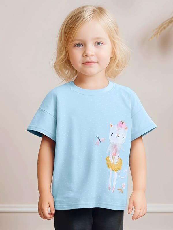 Purr-Fect Companions Toddler Girls Cat Embroidery Cotton Tee