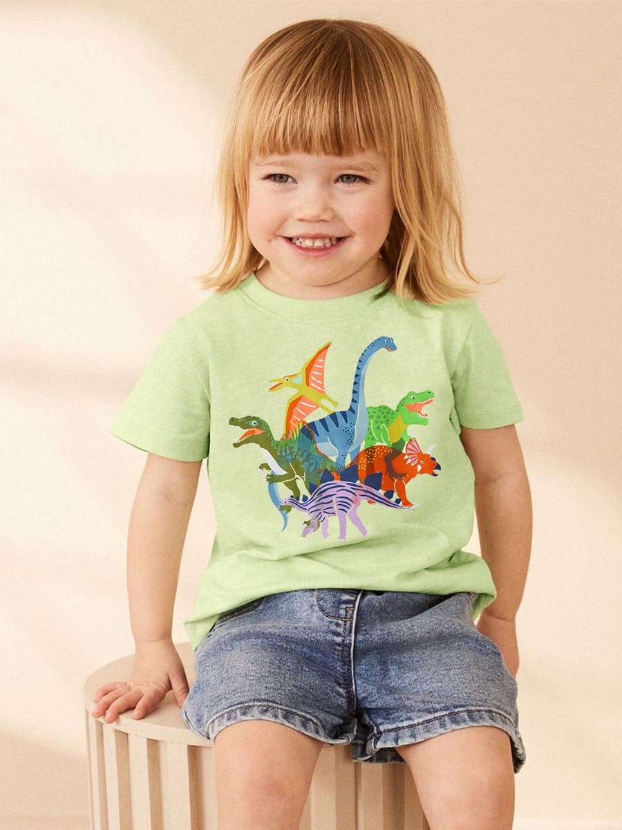 Toddler Girls Animal Dinosaur Print Cotton Short Sleeve Tee
