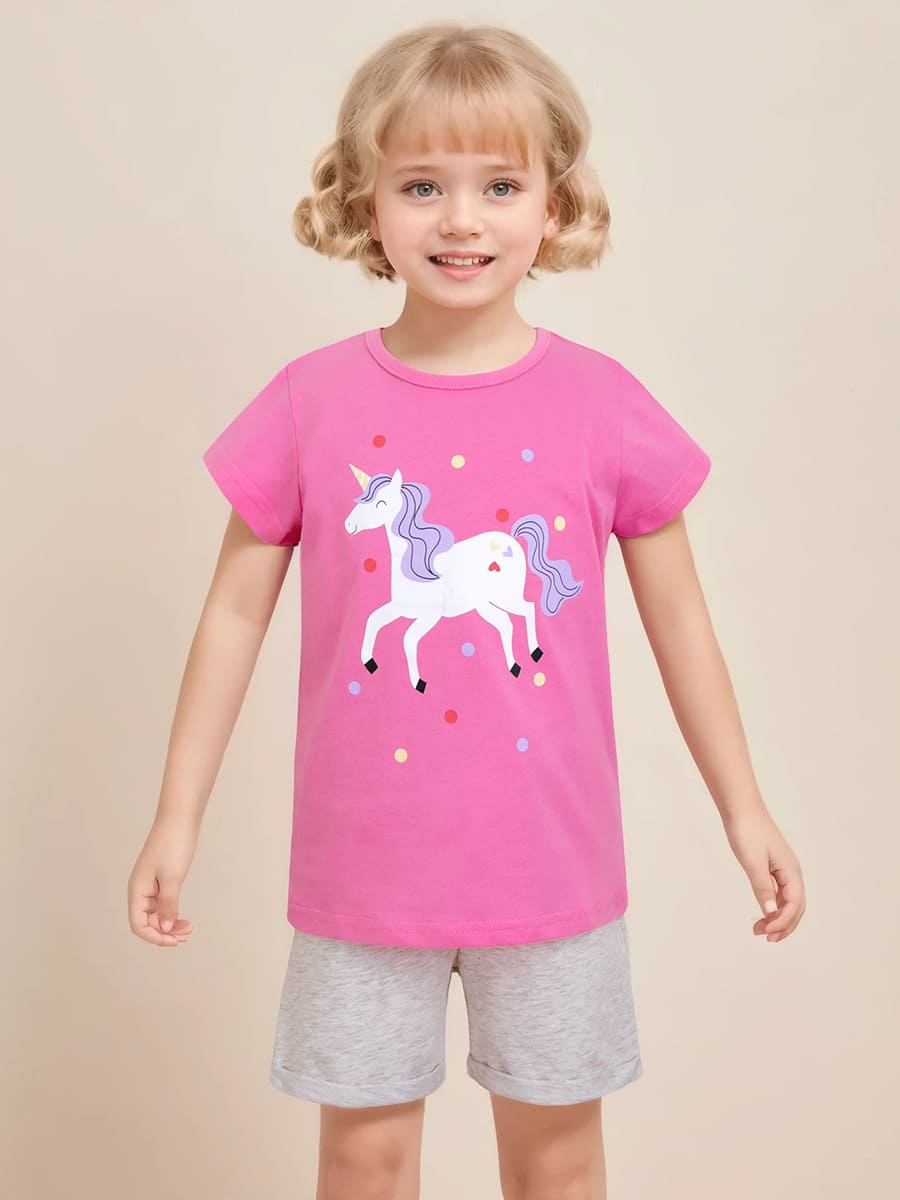 Toddler Girls Animal Unicorn Printed Cotton Short Sleeve Tee