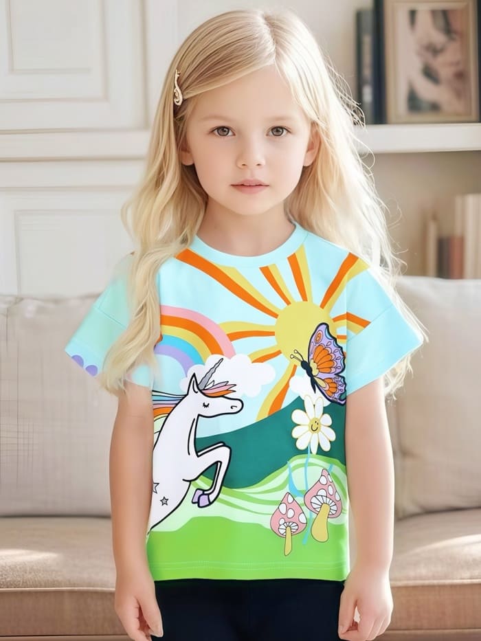 Toddler Girls Animal Unicorn Printed Cotton Short Sleeve Tee