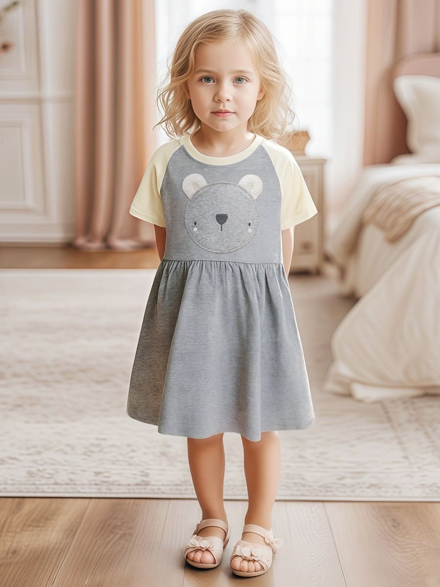 Toddler Girls Bear Style Color Block Cotton Short Sleeve Dress