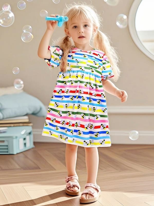 Toddler Girls Bee Style Cotton Striped Short Sleeve Dress
