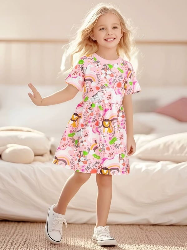 Little Maven Cartoon Animal & Floral Cotton Dress for Toddler Girls