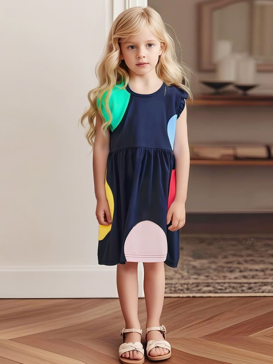 Little Maven Colorblock Cotton Ruffle Sleeve Dress For Toddler Girls