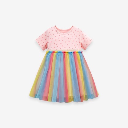 Toddler Girls Cotton Polka Dot Printed Colorful Mesh Dress