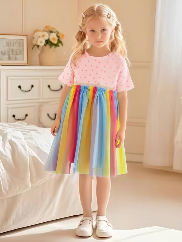 Toddler Girls Cotton Polka Dot Printed Colorful Mesh Dress