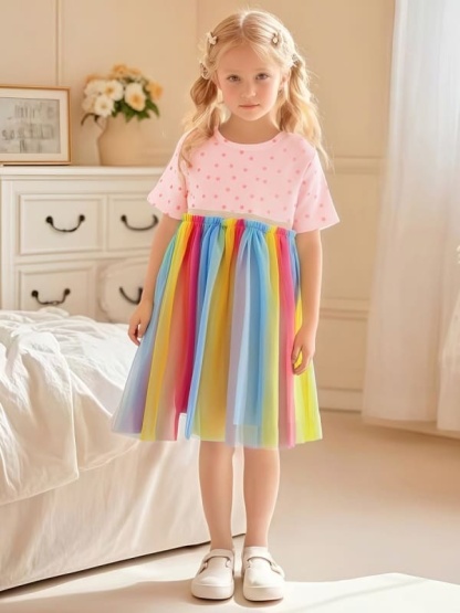 Toddler Girls Cotton Polka Dot Printed Colorful Mesh Dress