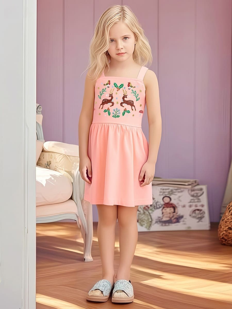 Little Maven Cotton Slip Dress with Animal & Floral Embroidery