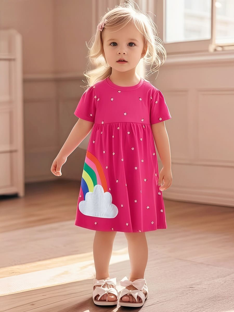 Toddler Girls Floral Print Cotton Dress with Rainbow Applique