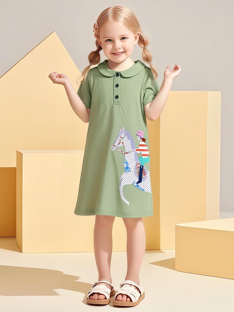 Toddler Girls Horse Riding Pattern Cotton Short Sleeve Dress