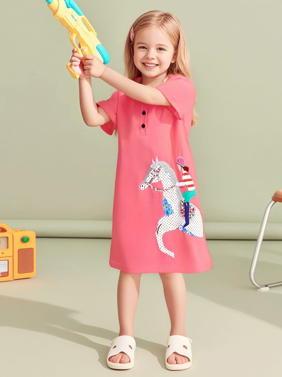 Toddler Girls Horse Riding Pattern Cotton Short Sleeve Dress
