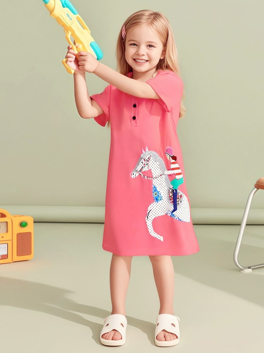 Toddler Girls Horse Riding Pattern Cotton Short Sleeve Dress