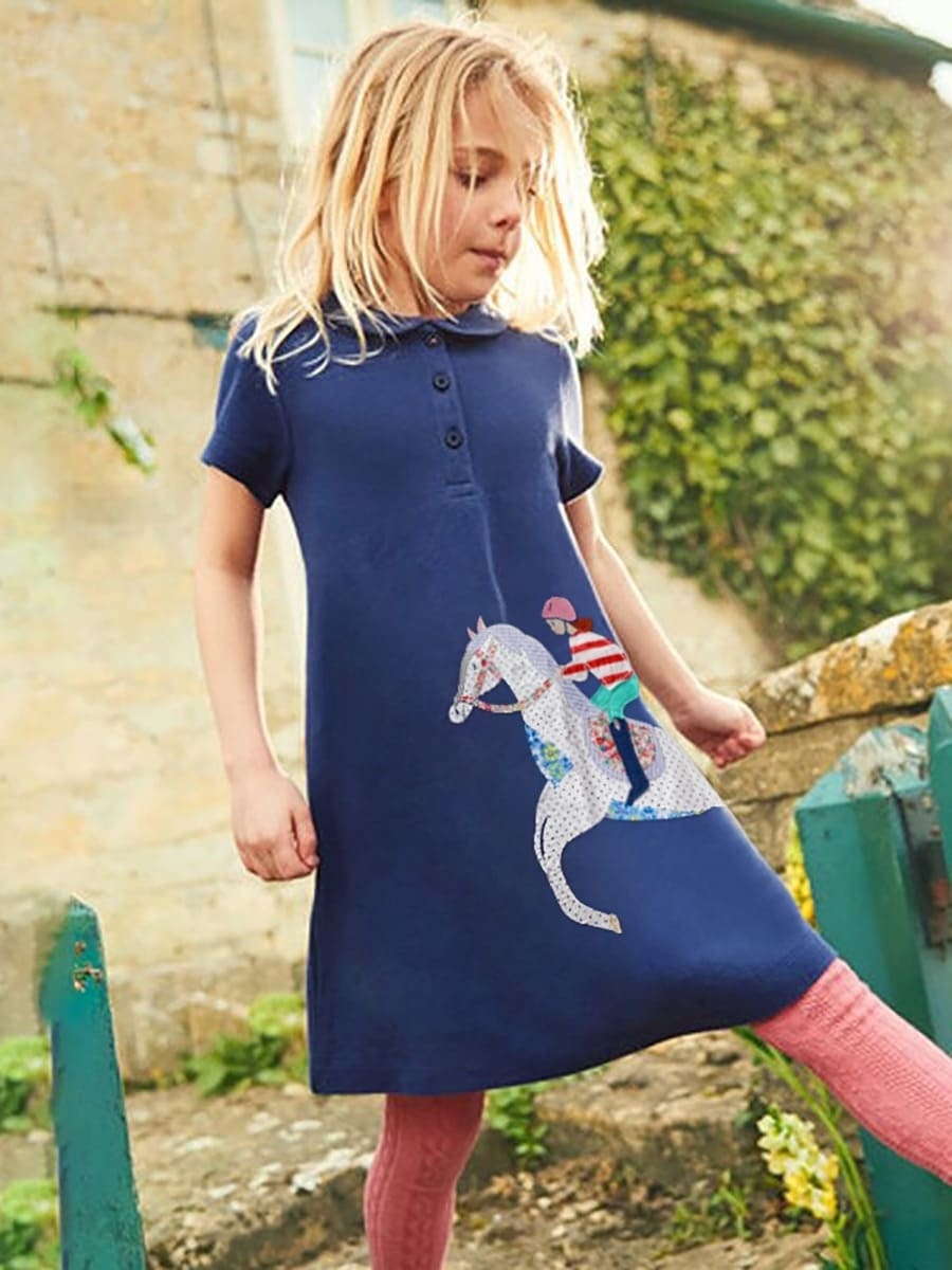 Toddler Girls Horse Riding Pattern Cotton Short Sleeve Dress