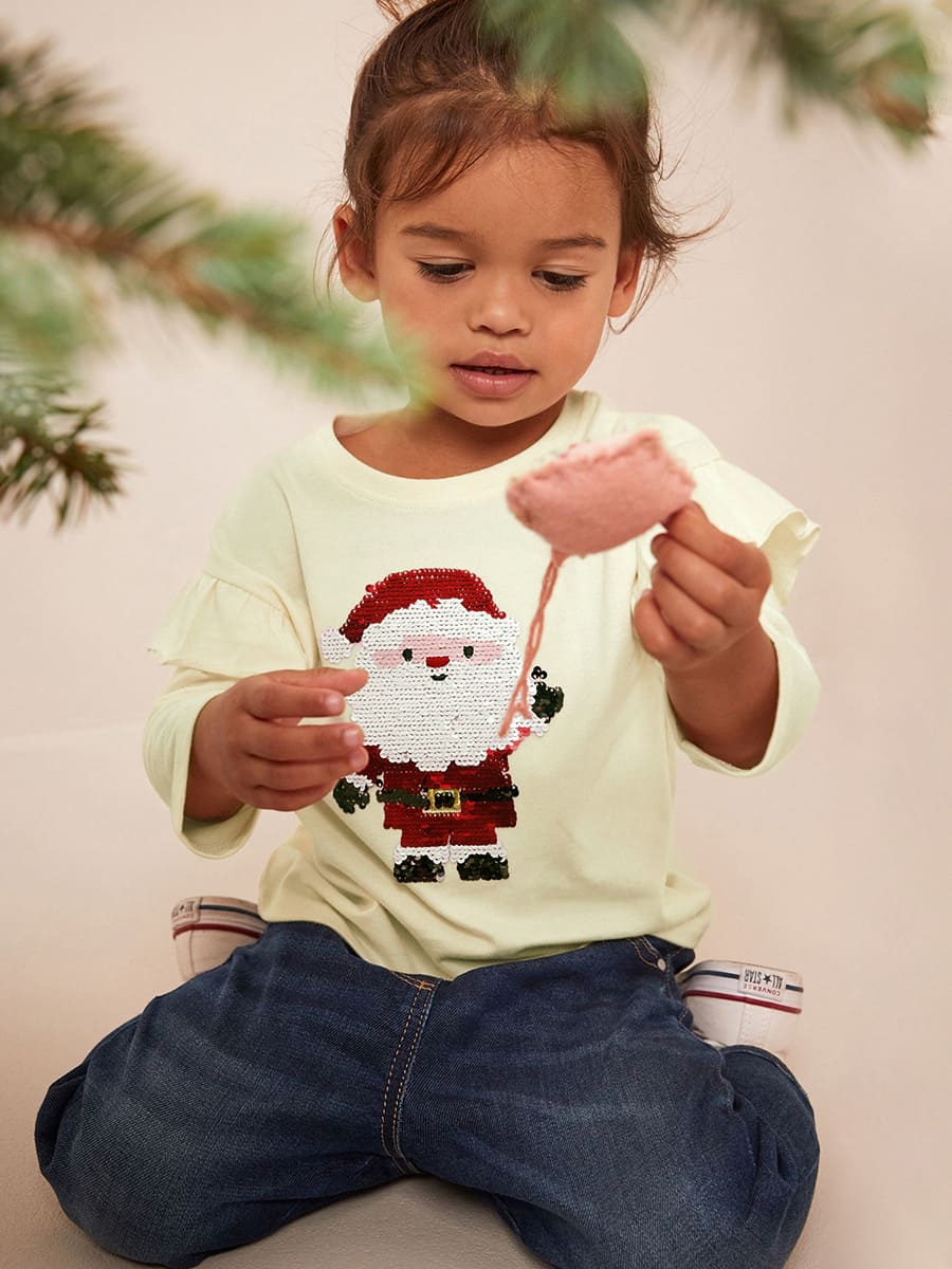 Toddler Girls Sequined Santa Claus Print Cotton Long Sleeve Tee