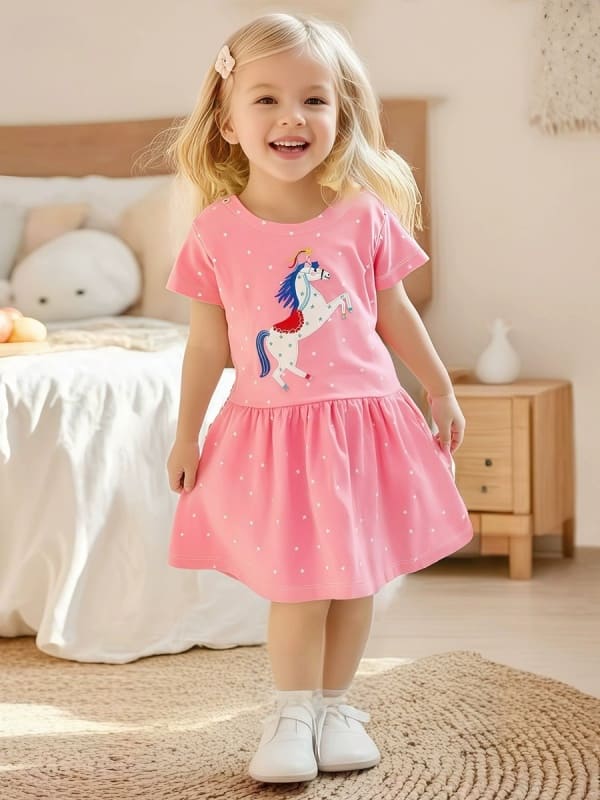 Toddler/Kid Girls Star Print Cotton Dress with Unicorn Embroidery