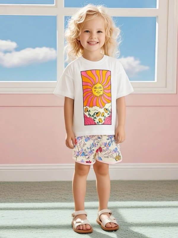 Little Maven Toddler Girls Sunflower Print Cotton Tee & Shorts