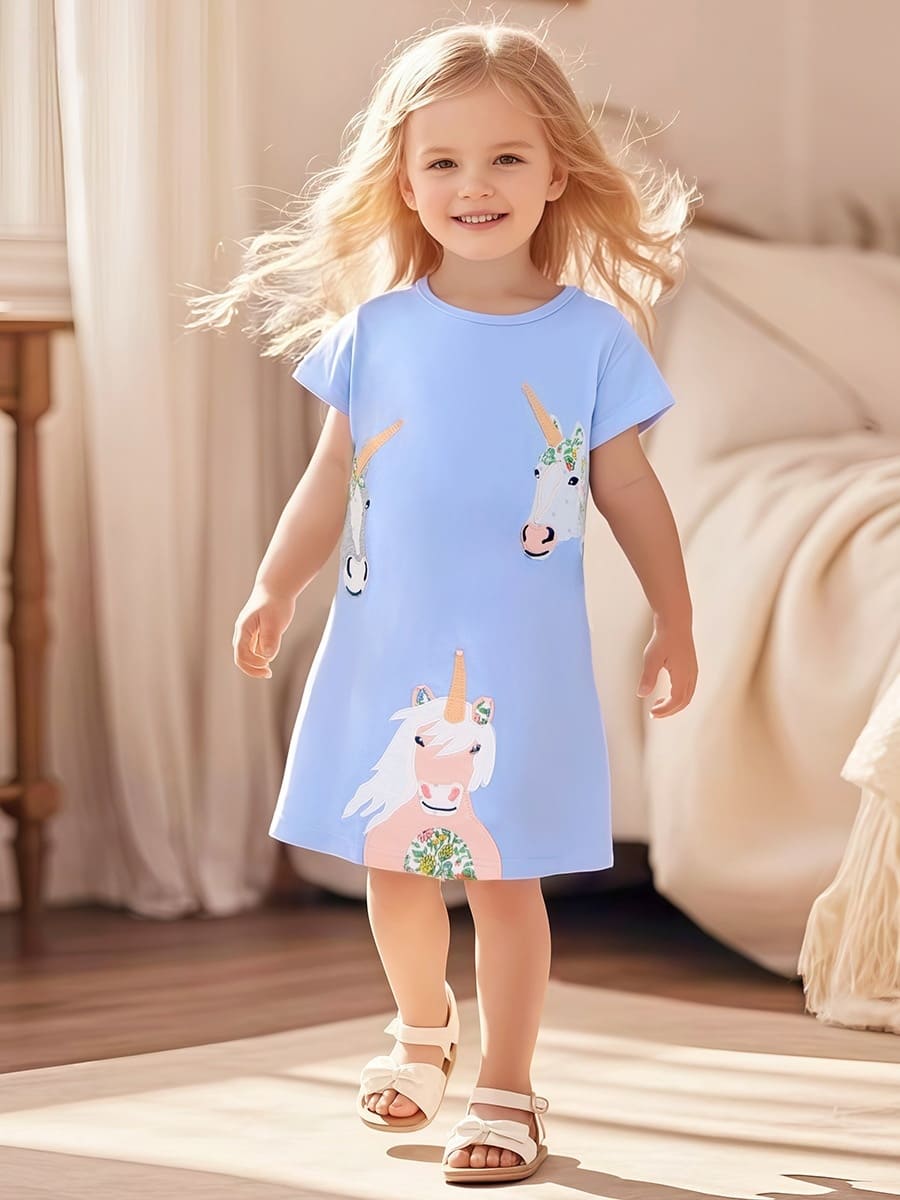 Toddler Girls Unicorn Applique Cotton Short Sleeve Dress