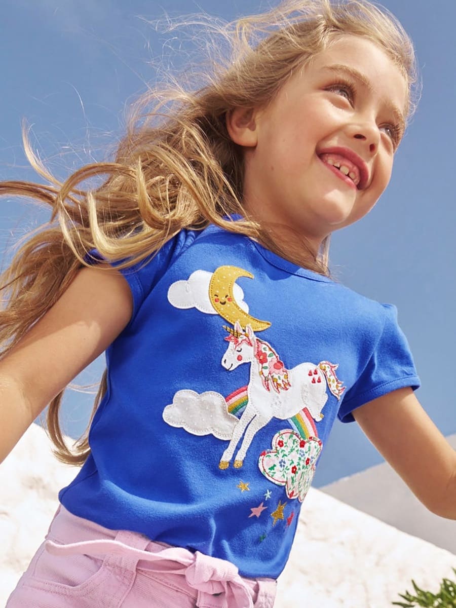 Toddler Girls Unicorn Applique Cotton Short Sleeve Tee