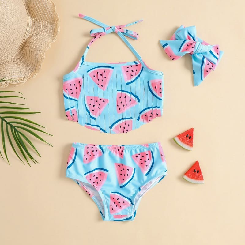 Toddler Girls Watermelon Print Tassel Suspender Swimsuit Set