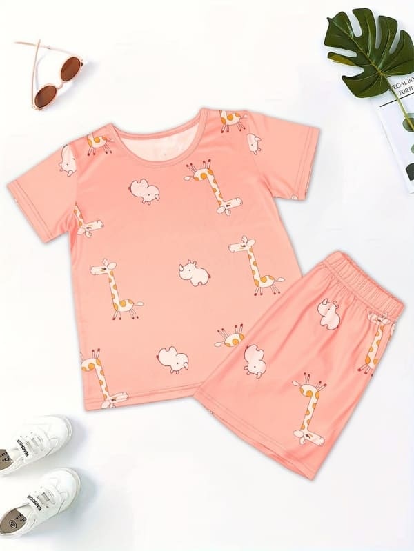 Toddler & Kid Cartoon Animal Print Cotton Short Sleeve Home Pajama Set