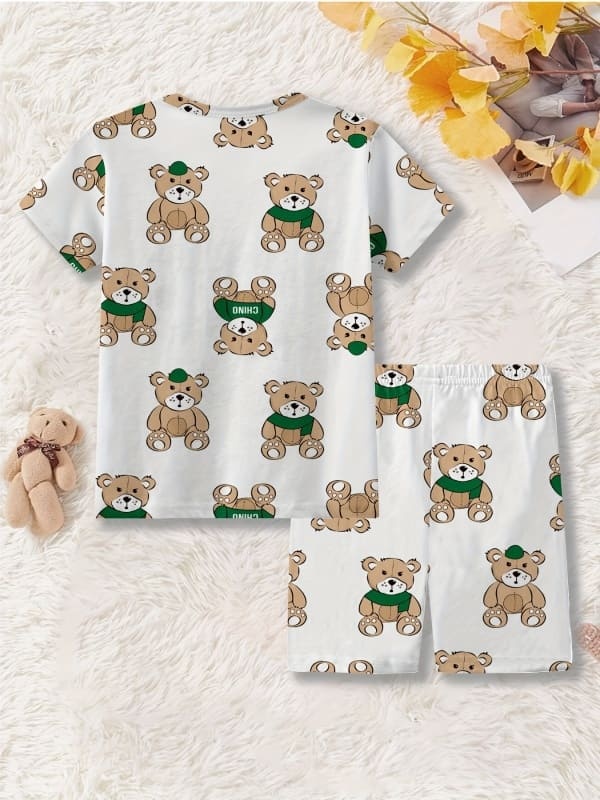 Toddler & Kids Bear Print Cotton Short Sleeve Pajamas Set