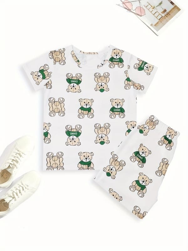 Toddler & Kids Bear Print Cotton Short Sleeve Pajamas Set