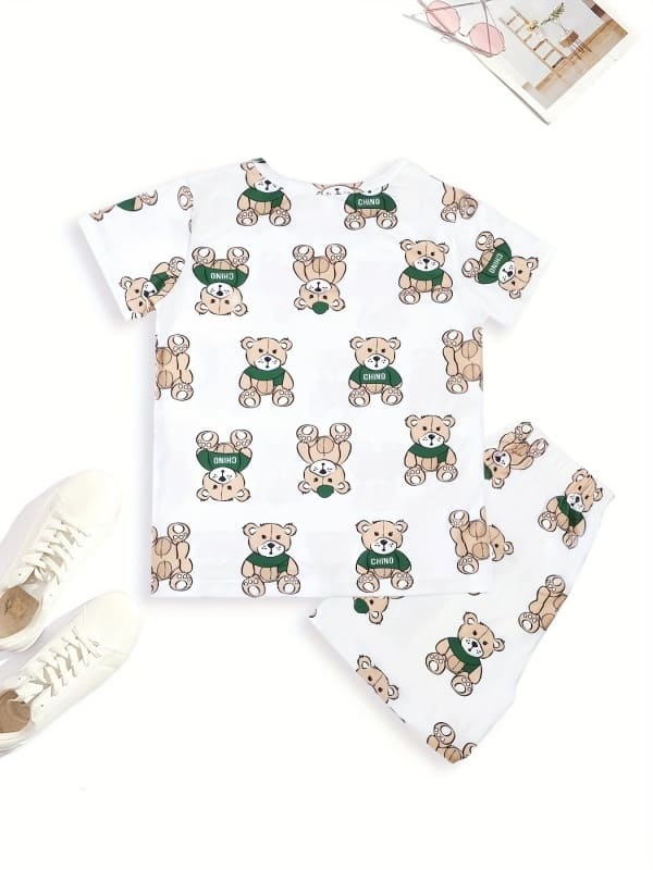 Toddler & Kids Bear Print Cotton Short Sleeve Pajamas Set